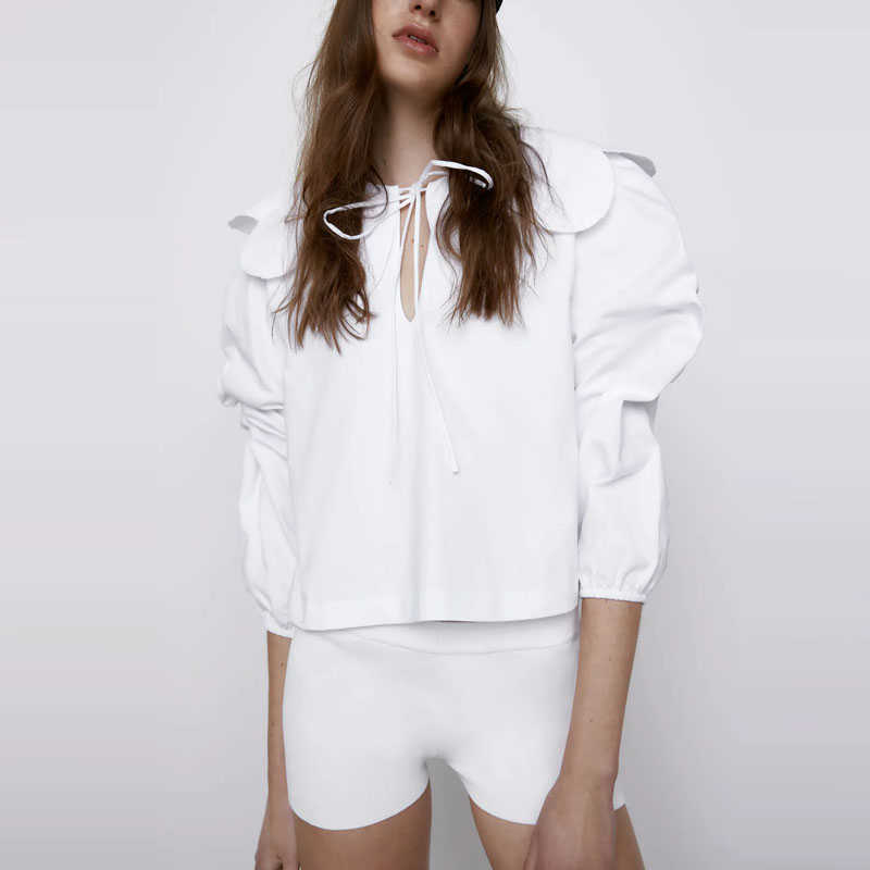 

Za White Ruffle Cropped Blouse Women Vintage Long Puff Sleeve Tied Summer Top Woman Fashion Fitted Short Shirts Blusas 210602