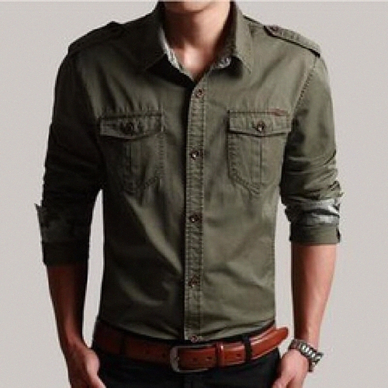new 100% cotton military shirt with epaulette men long sleeve breathable casual shirts man solid shirt slim fit male shirts a9ET#