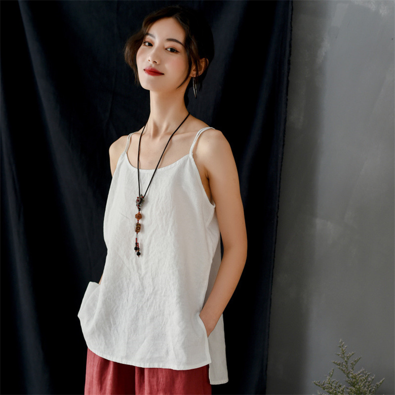 

Johnature Women Solid Color Camis Cotton Linen Summer Clothing Casual Camis 210521, White