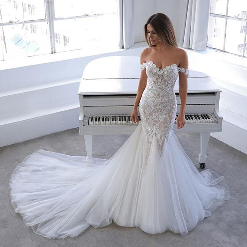 Vintage Off the Shoulder Lac Mermaid Wedding Dresses Appliqued Court Train Short Sleeves Corset Tulle Bridal Gowns-image-706094081