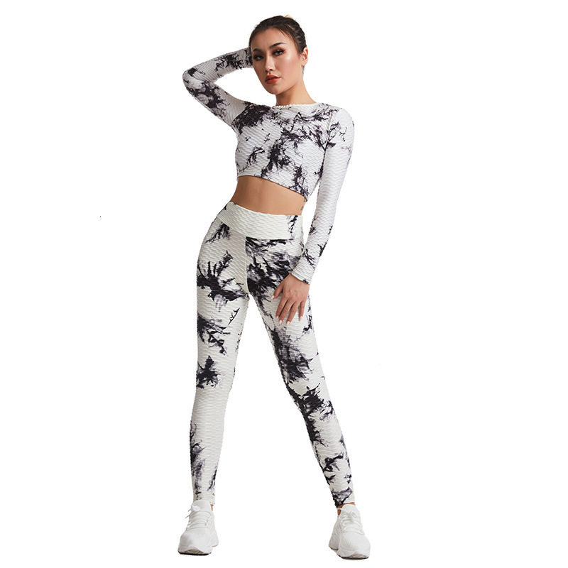 

suit jacquard tie dyed Yoga Hip watermark lifting top pants women' sports fitness, Black and white