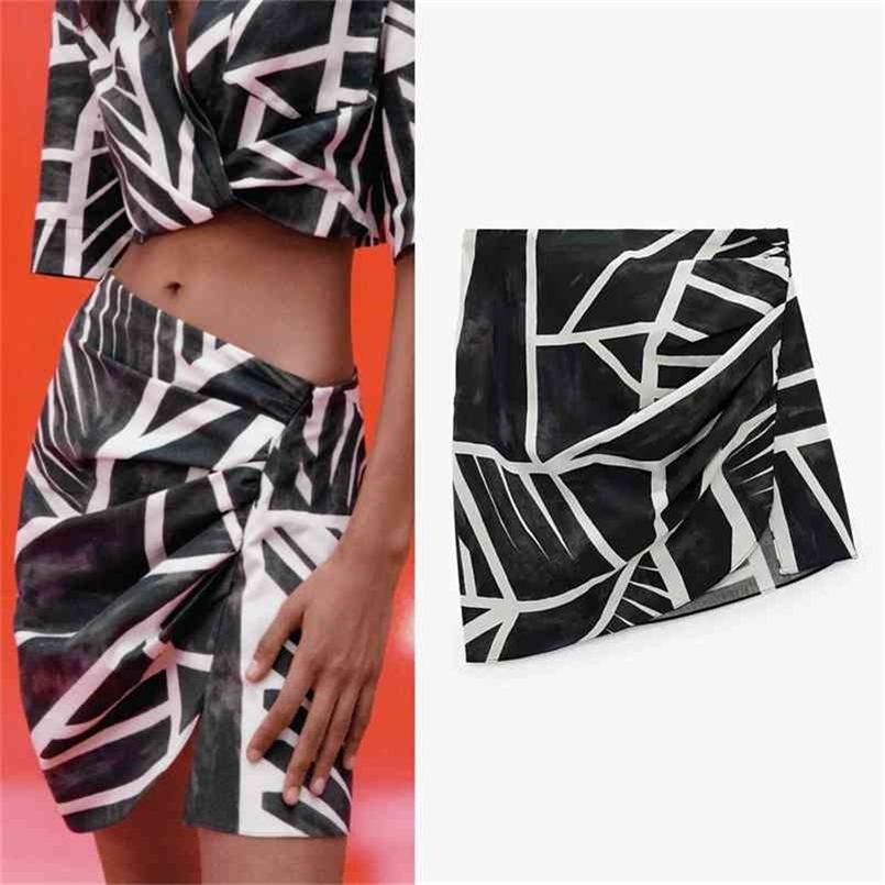 

Za Women's Skirt High Waist Mini s Woman Fashion Black Print Gathered Asymmetric Hem Summer With Side Slit Zip 210702