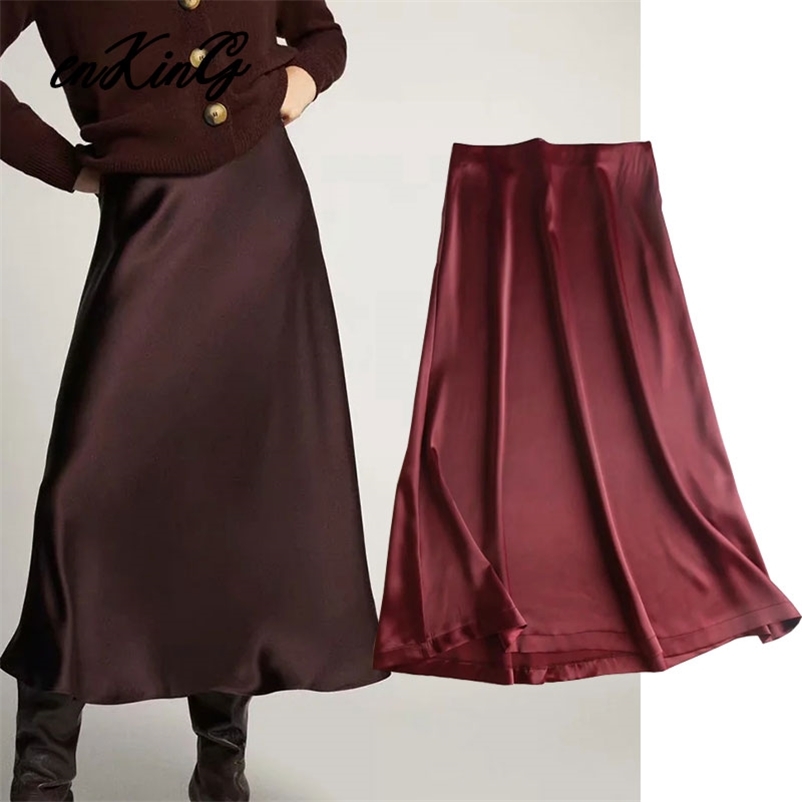 

solid red za england elegant vintage high waist A-line sexy midi skirt women faldas mujer moda long skirts 210628, Red wine