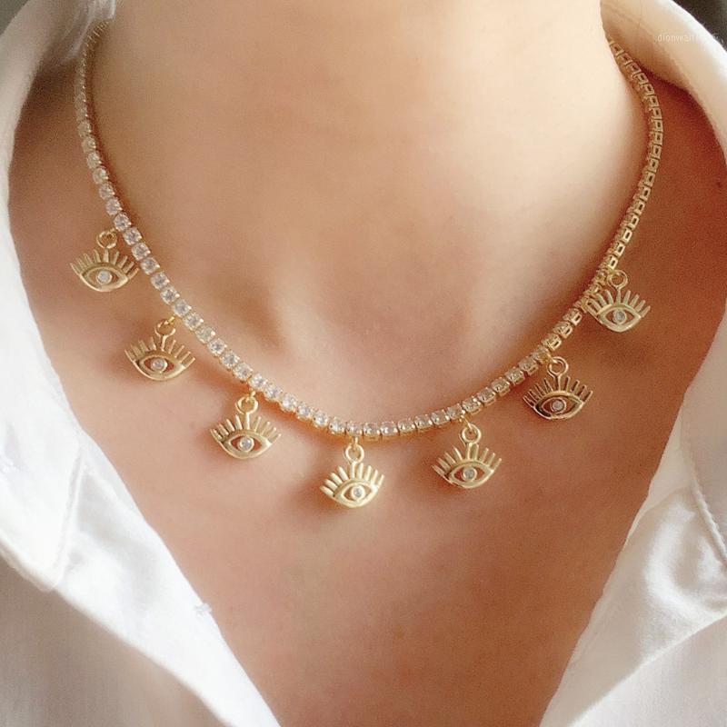 

3PCS, Eye Charms Pendant Necklace Women Crystal CZ Tennis Chain Choker Fashion Statement Jewelry Chains
