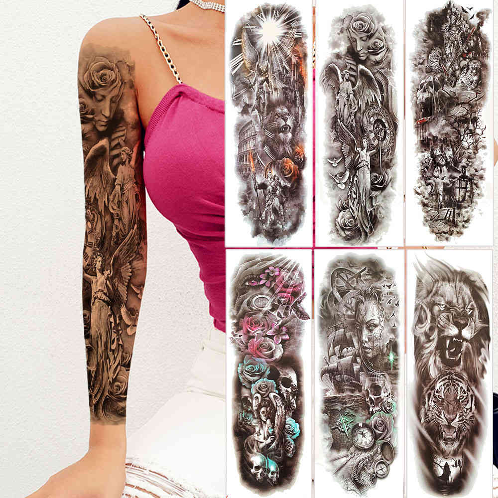 

Sexy Angel Flower Full Arm Tattoos Temporary Body Leg Art Fake Tattoo Sticker For Men Women Skull Henna Waterproof Tatoos