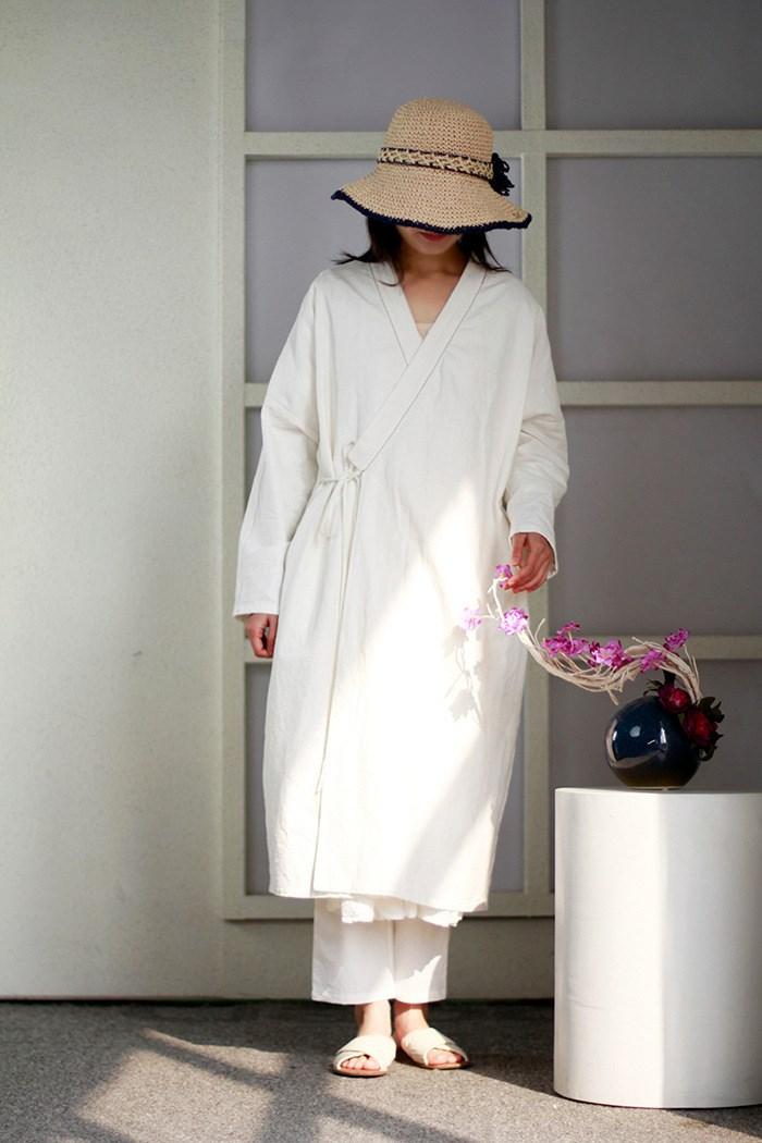 

Women's Trench Coats Chinese Style Women Casual Long Sleeve Tie White Adjustable Waist Solid Cotton Loose Coat Autumn V-Neck Outwear