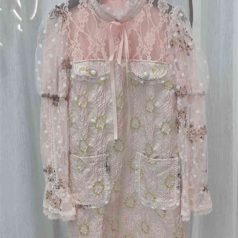 

Truevoker Lady Spring Runway Designer Prom Dress Mujer Vestido Full Sleeve Cute Pink Beading Holiday Robe 210602