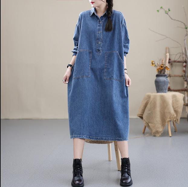 

Casual Dresses 21Women Denim Autumn Solid Color Loose Pockets Turn-down Collar Female Wide A-Line Long Tops, Black