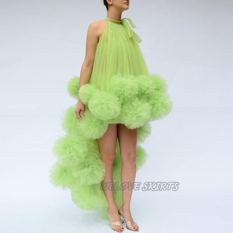 

Casual Dresses Green Tulle High-Lo Halter Party For Prom Sleeveless Ruffles Custom Made Long Plus Size Girl Woman Evening Gowns, Black