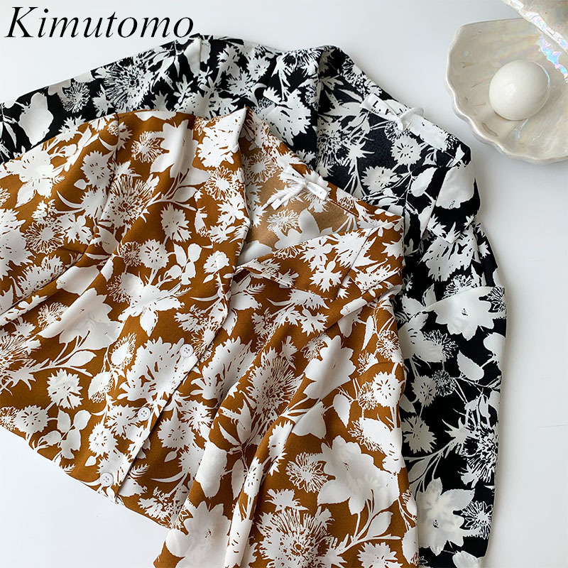 

Kimutomo Fashion Printed Shirt Spring Korean Elegant Loose Notched Short-sleeved Women's Chic Top Single Breasted 210521, Black