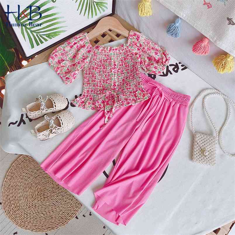 

Girls' Suit Floral Print Crumpled Word Shoulder Doll Shirt + Wide Leg Pants Summer Clothes Sets 210611, Bz1281 pink