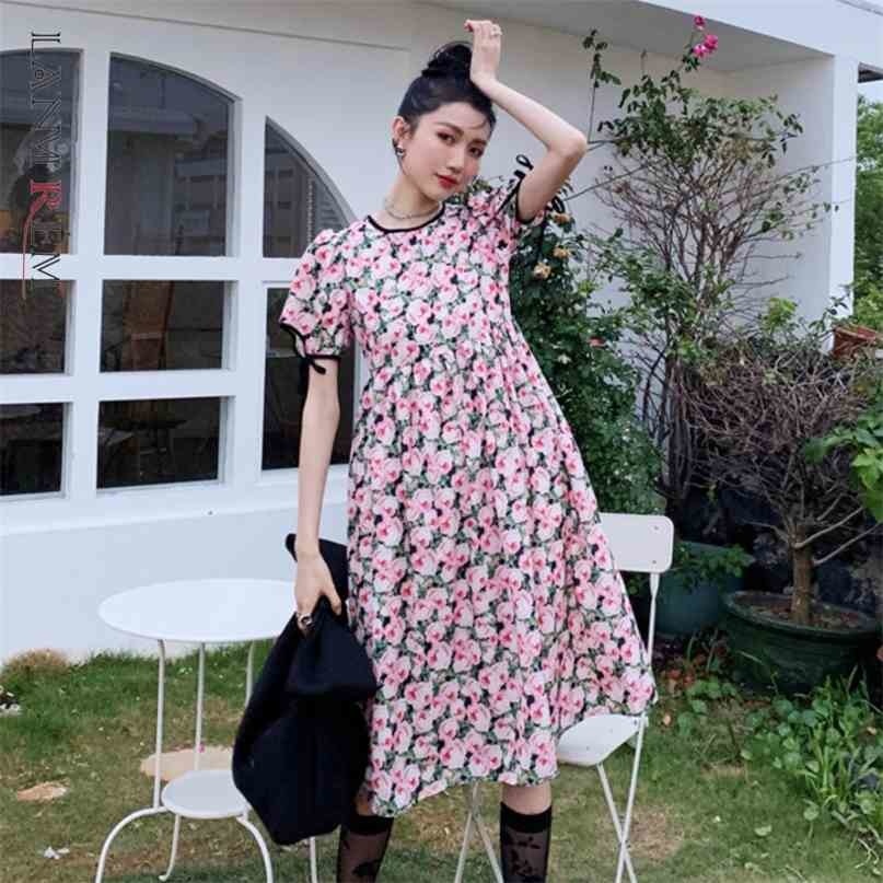 

Women Printing Dress Floral Short Sleeves Dresses Female Temperament Loose Fit Fashion Summer 2H273 210526