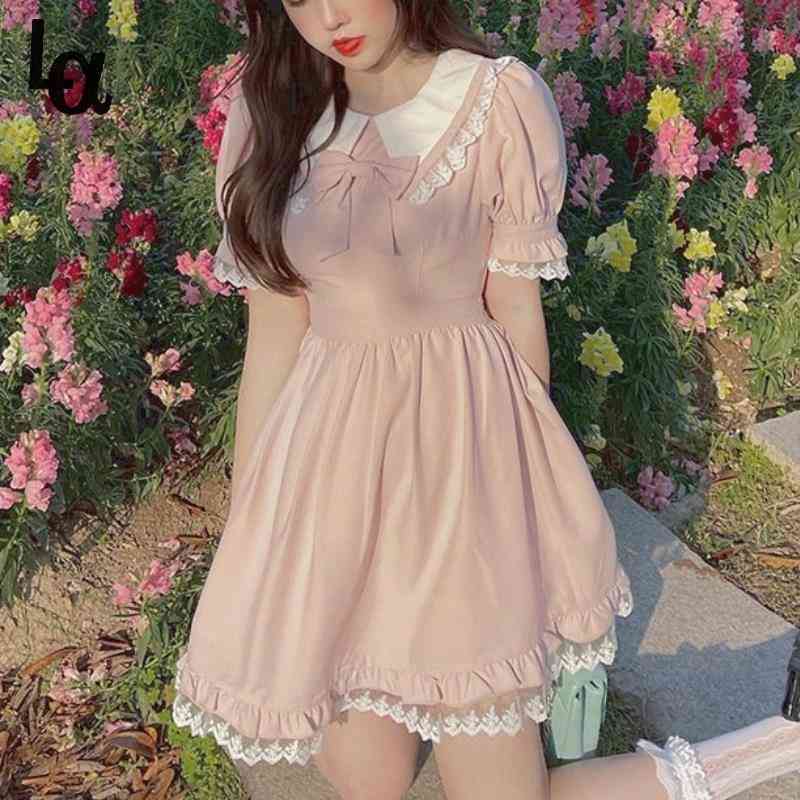 

Summer Lolita Kawaii Dress Women Japanese Vintage Bow Pink Mini Cute Pretty Princess Bubble Sleeve Lace 210519