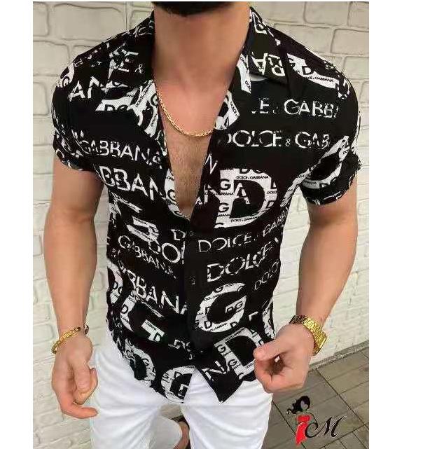 

Summer spot four-sided stretch fit lapel youth ordinary yellow casual printed shirt Style Letter Printing Slim Men's Fashion Short Sleeve, As pic