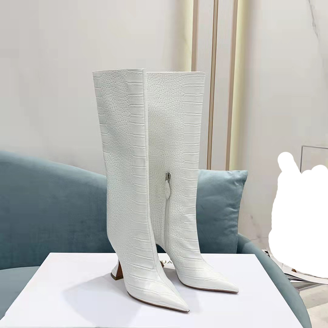 

Fashion Season Shoes Amina Italy Muaddi Boots White Croc Rain Tall Knee-high Croc-embossed Leather