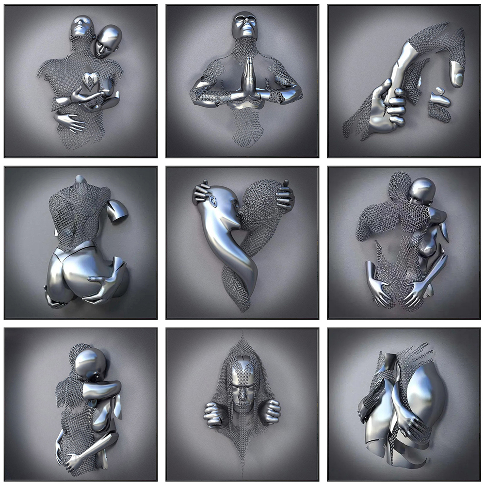 

Silver Metal Figure Statue Wall Art Canvas Painting Romantic Lover Sculpture Poster Picture for Living Room Home Decor Print (No Frame)