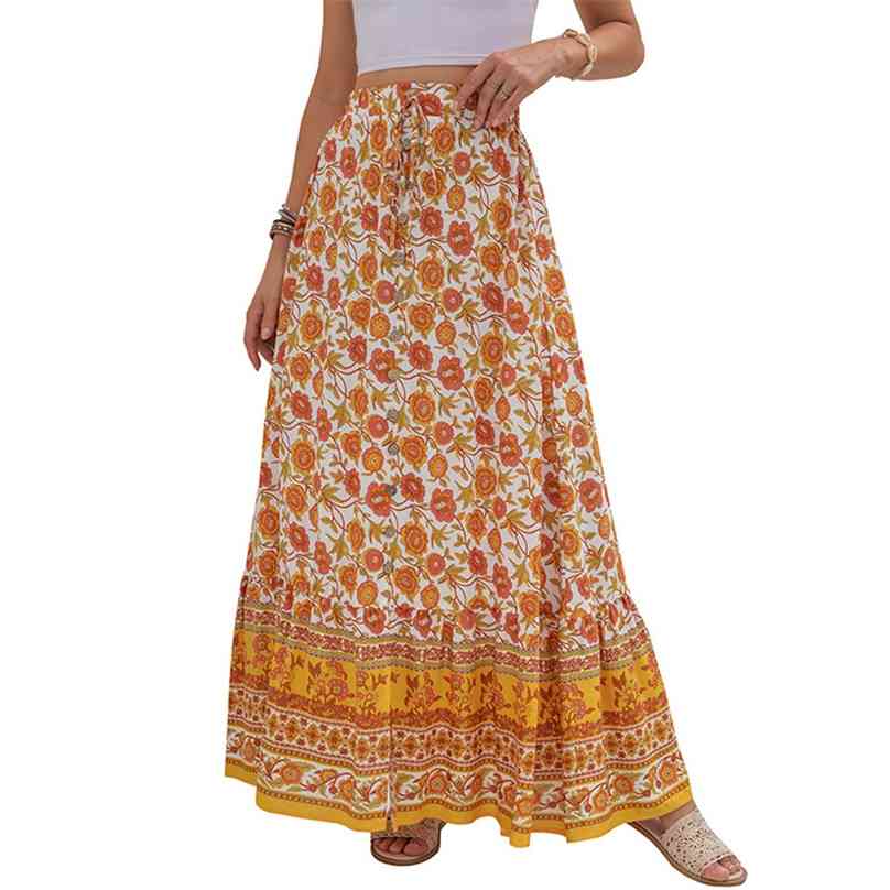 

Women Clothing Casual Boho Print Lace Up Maxi Skirts Summer Fashion Empire Loose Long Skirt Green Slit Beach Womens 210629, Yellow