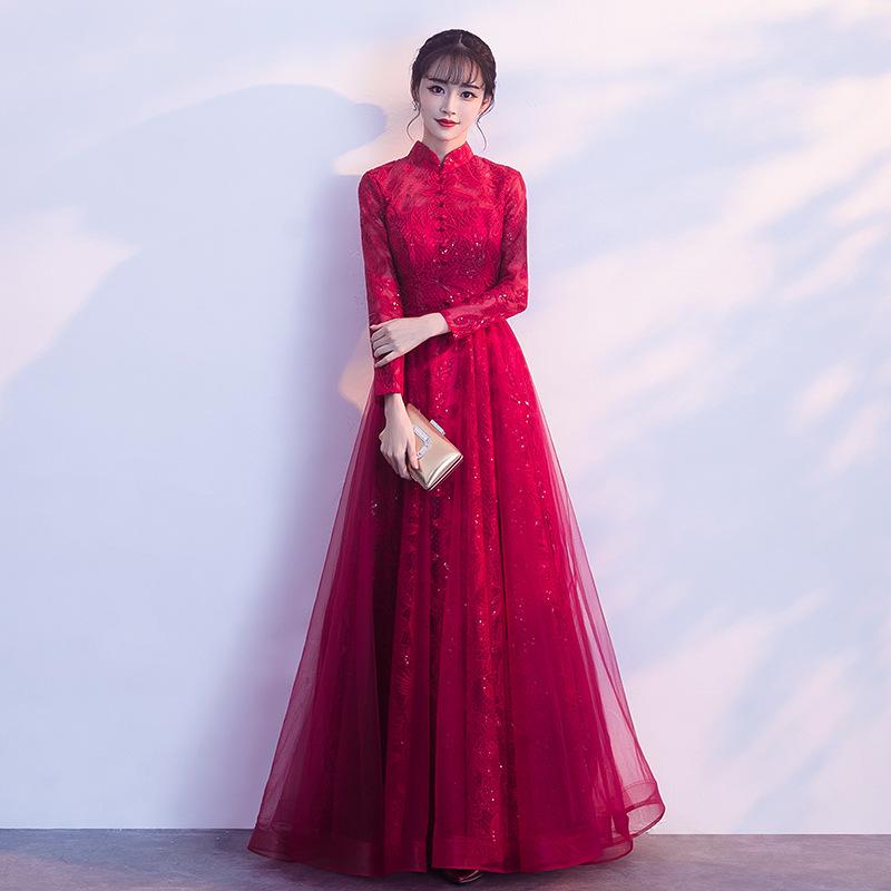 

Ethnic Clothing Temperament Lace Bride Wedding Dress Mandarin Collar Slim Cheongsam Long Sleeve Evening Party Bling Sequins Banquet