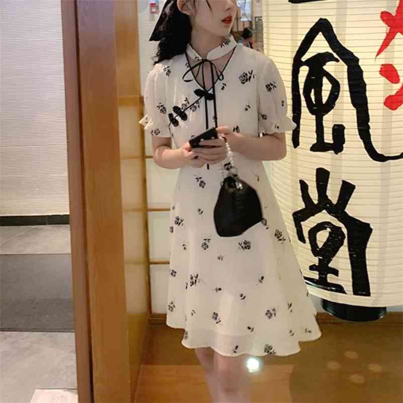 

Summer Fairy Dress Women Elegant Vintage Retro Chiffon Casual Korean Japan Style Kawaii French Designer Print 210519, Apricot