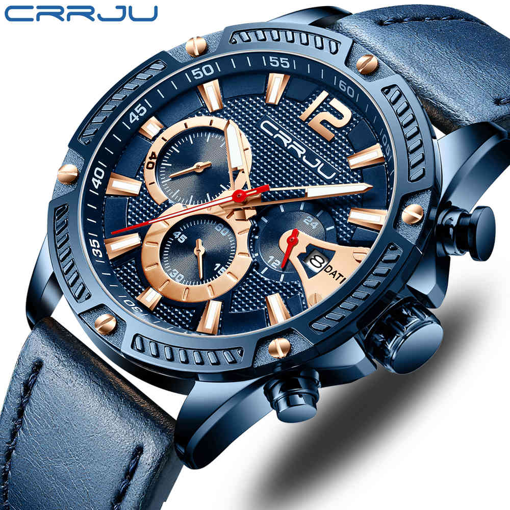 

Men Watches CRRJU Luxury Leather Military Watches for Mens Fashion Chronograph Date Waterproof Quartz Man Watches reloj hombre 210517, Silver black