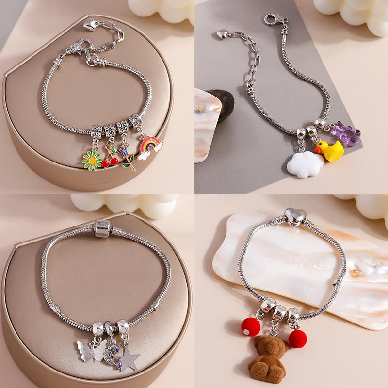

Charm Bracelets Silver Plated Cute Bear Rainbow Cherry Snake Chain Bracelet For Women Fashion Brand DIY Jewelry Gift Making, Golden;silver