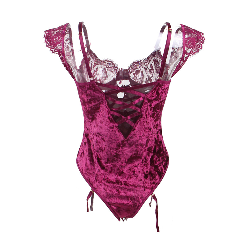 

2011rompers for ladies floral lace patchwork women velvet bodysuit off shoulder v neck body femme with garter belt r80604p, Black;white