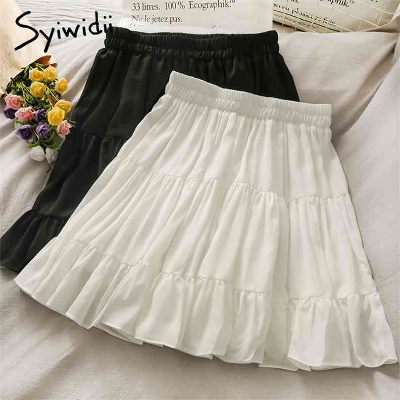 

Syiwidii Skirt for Women High Waist Casual A-Line Solid White Black Pleated Spring Summer Korean Fashion Mini Skirts 210629