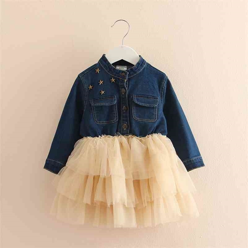 

Spring Autumn 2 3 9 10 Years 90 100 140cm Kids Cute Lace Patchwork Full Long Sleeve Baby Girls Denim Dress With Glitter 210701, Blue