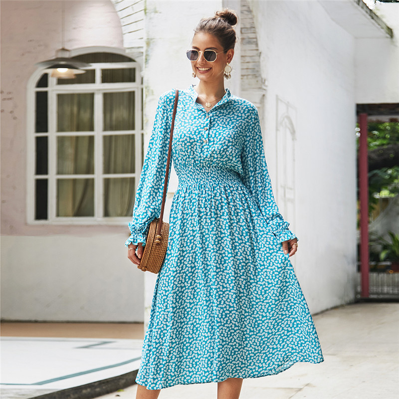 

Butterfly Summer Elegant dresses Spring Women's Floral Print A-line 2021 New Full Sleeve Turn-down Collar Long Ladies DKZL, Blue