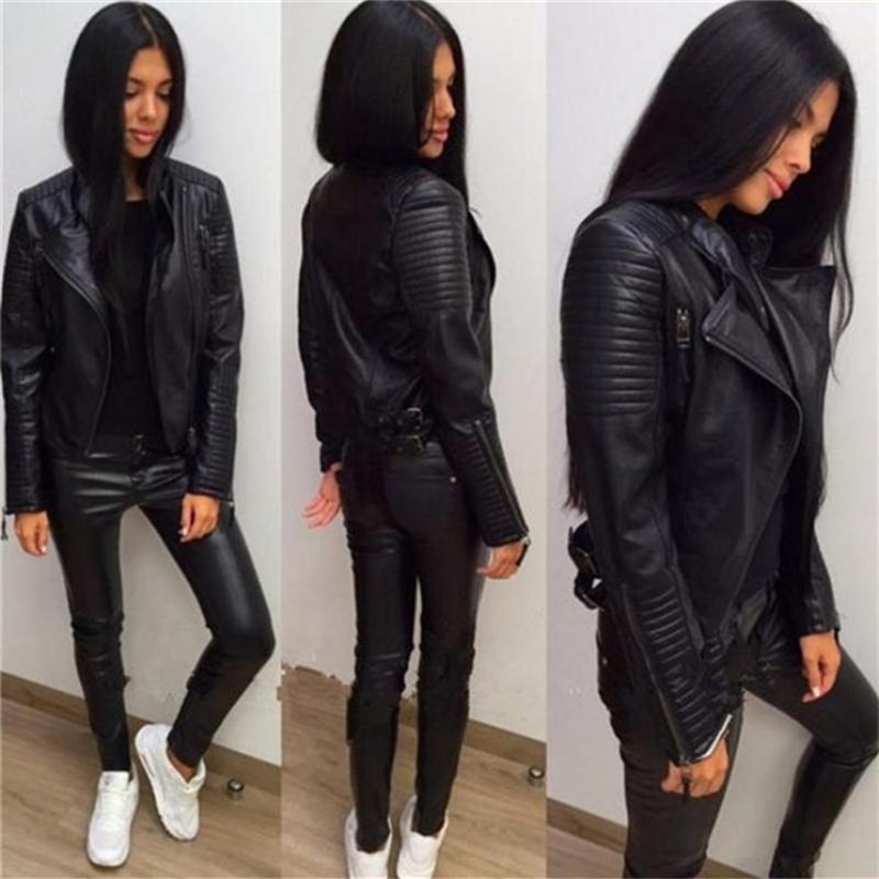

Ladies Leather Jackets Black Slim Moto Bikers Jacket Women Long Sleeved Zipper Spring Autumn Outerwear Coats 210525