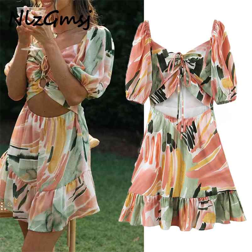 

Dres Summer Boho Printed Chiffon Bandage Mini Woman V Neck Ruffled Sexy Beach Short 03 210628, As picture