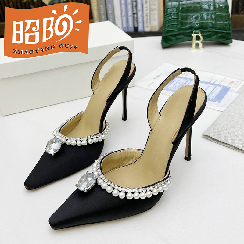 

2022 spring and summer new 9.5cm high-heeled sandals silk surface Rhinestone Beaded thin heel pointed shallow mouth women's slippers, Black