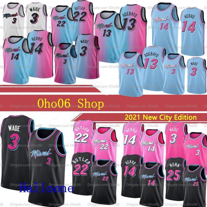 

NCAA 2021 Tyler 14 Herro Miamis Basketball Jerseys Bam 13 Adebayo Jimmy 22 Butler Dwayne 3 Wade City Swingmans Edition Jersey Pink Blue, Black;red