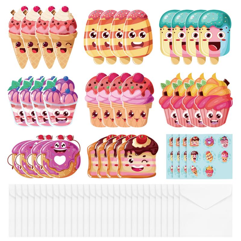 

Toyvian 32pcs Valentine's Day Cards Dessert Cake Greeting 8 Styles With Envelopes Stickers Super Valentines Pa