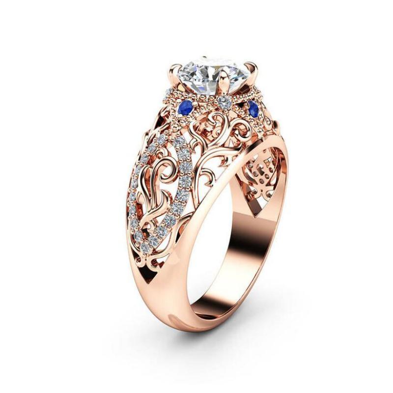 

Wedding Rings 2021 Fashion Luxury Rose Gold Color Blue Zirconia Hollow Flower Ring For Women Female Engagement Party Jewelry R496