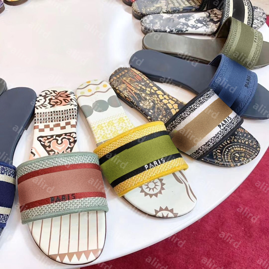

2021 top original Embroidered Cotton D-Stripes Luxury designers slipper Platform Slides Jacquard Real Leather sneakers Luxury Sandals Women, Black