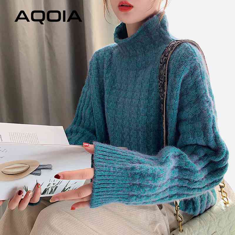 

Winter Korean Style Turtleneck Loose Knit Women's Sweaters Solid Color Women Sweater INS Fashion Warm Female Pullovers 210521, Blue