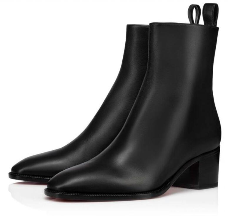 

Fashion Rivets Red Bottom Boots Leather Sneakers Women High Top Antilop leather ankle boots Ankle Boot Thick Low Heels Bootss EU size 35-43, Black