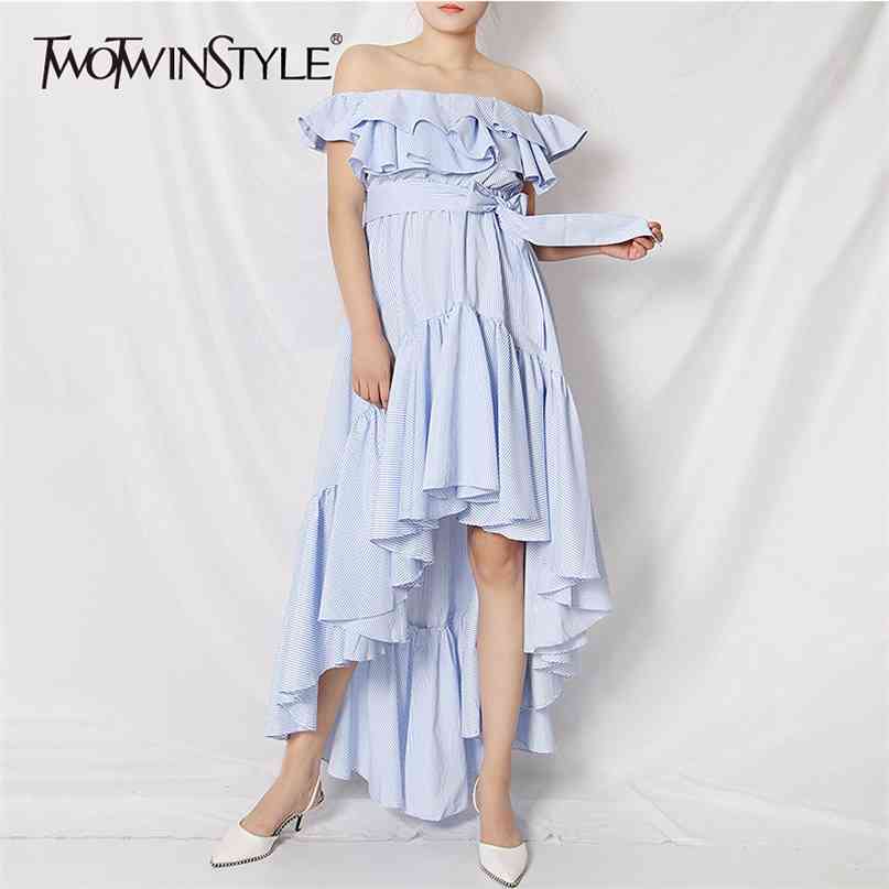 

Elegant Striped Women Dress Slash Neck Lantern Sleeve High Waist Irregular Hem Patchwork Ruffles Dresses Female 210520, White