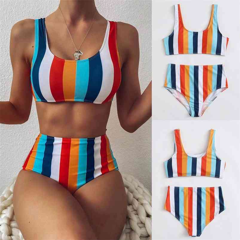 

Sexy Striped Swimwear Women Push Up High Waist Bikini Halter Set Hollow Out Print Bathing Suit Two Piece Swimsuit 210629, 04 striped swimsuit