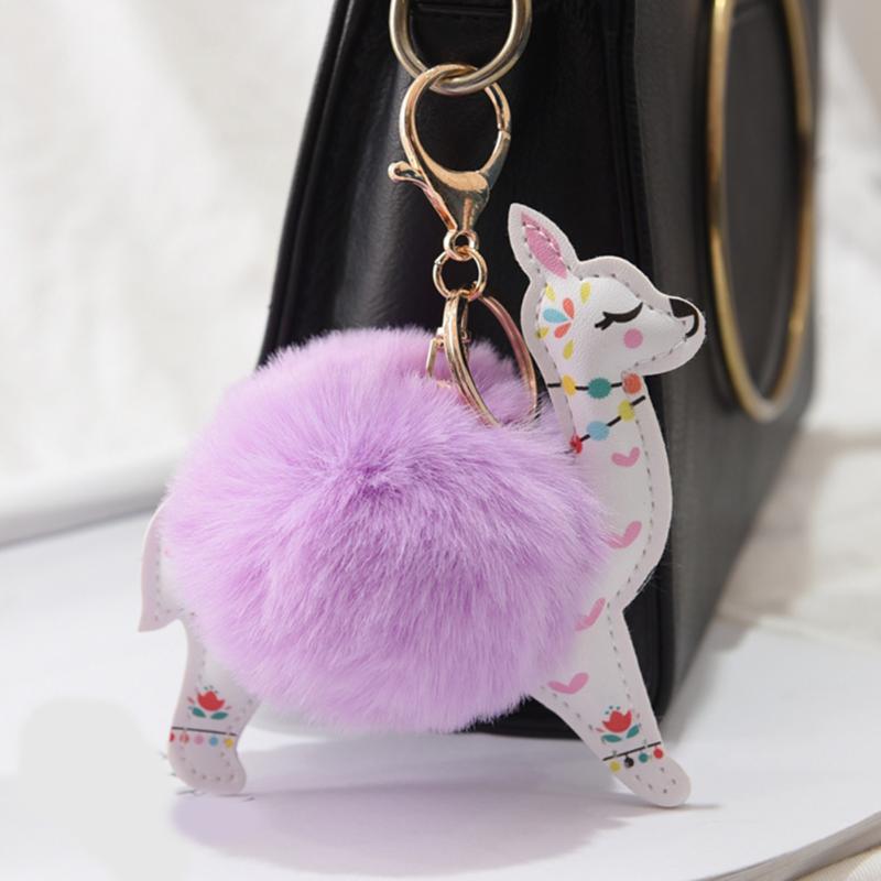 

Keychains Artificial Fur Pompom Keychain Fluffy Ball Cute Alpaca Leather Animal Keyring Charm Chaveiros Women Jewelry