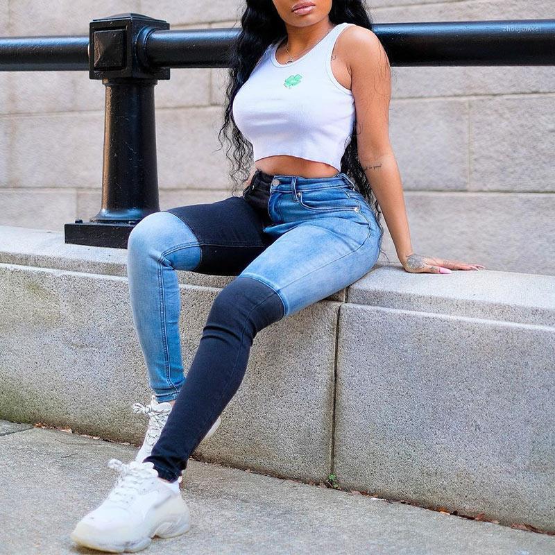 

Panelled Color Stitching Patchwork Womens Jeans High Waist Tight Lady Denim Trousers Autumn Streetwear Female Pencil Women, Blue