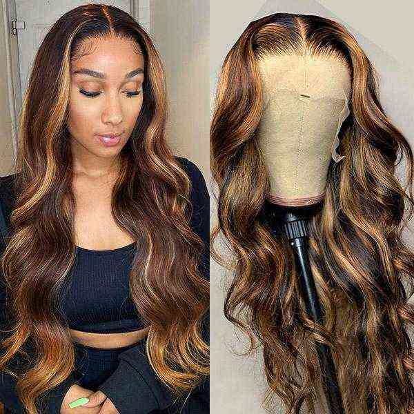 

Allove Highlight Peruvian Straight 4x4 Lace Closure Front Wig Brazilian Body Wave Human Hair Wigs for Women All Ag 8-40 inch Ombre Brown2, Peruvian hair