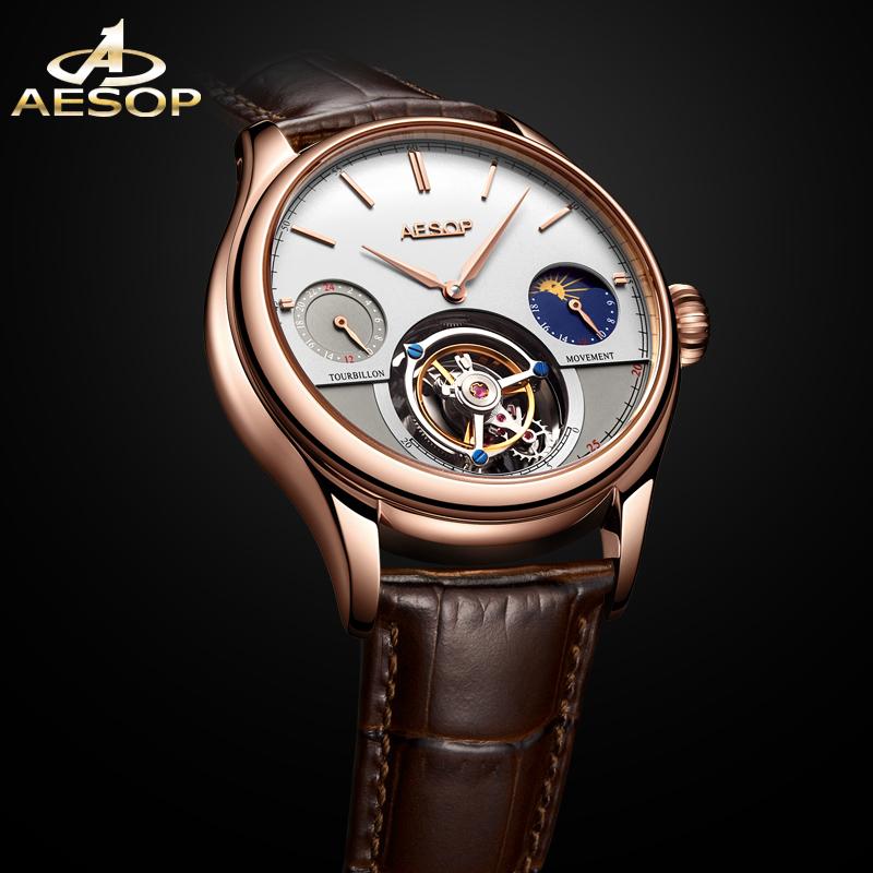 

Wristwatches AESOP Rose Gold Case Moon Phase Waterproof Multifunctional Mechanical Watch Original Real Tourbillon Movement Men, 702305