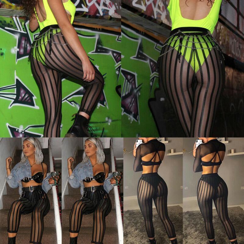 

Women' Pants & Capris Sexy Women Striped Mesh Perspective Leggings Ladies Tight Knee Length Sports Workout Gym Stretchy Party Trousers Club, Black