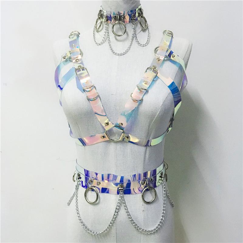 

Handcrafted Goth Holographic PVC Choker Laser Crop Top Link Chain Waist Belt Sexy Rave Festival Outfits Harness 3 Piece Set Women's Tracksui