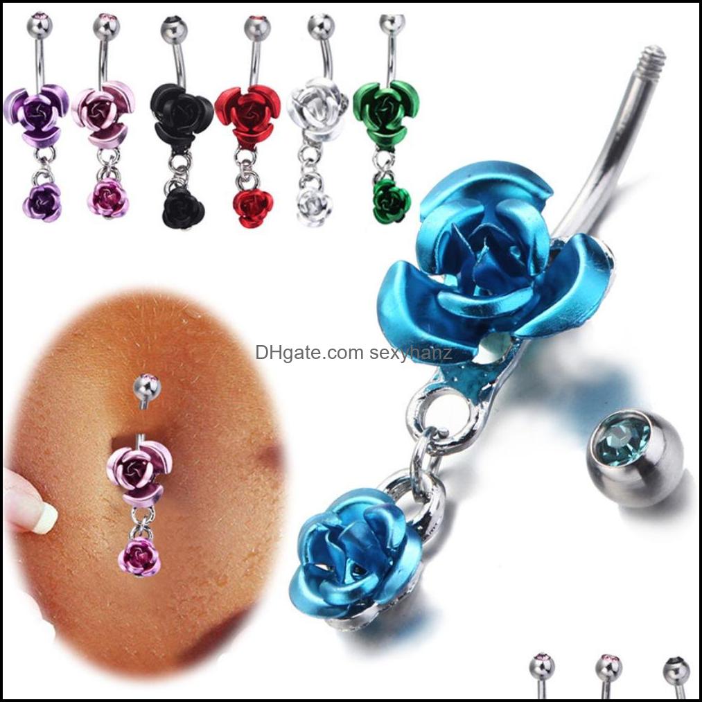 

& Bell Jewelry Stainless Steel Hypoallergenic Belly Button Crystal Rose Flower Body Piercing Bar Jewlery For Women Bikini Fashion Navel Ring