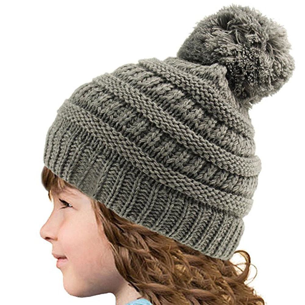 

Kids Pom Pom Beaies INS Winter Knitted Hat Warm Wool Hat Ladies Skull Beanie Solid Children Knit Outdoor Caps baby LJJA2782, Blue;gray