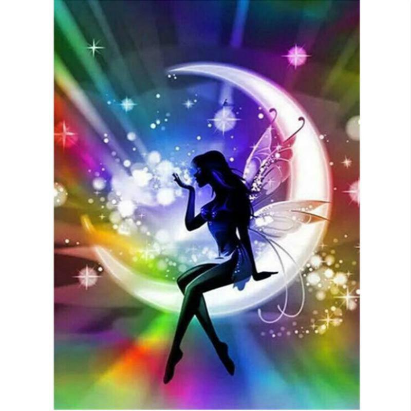 

Paintings Full Of Diamonds Abstract Art Colorful Butterfly Fairy Sitting On The Moon Beautiful Character Diamond Painting