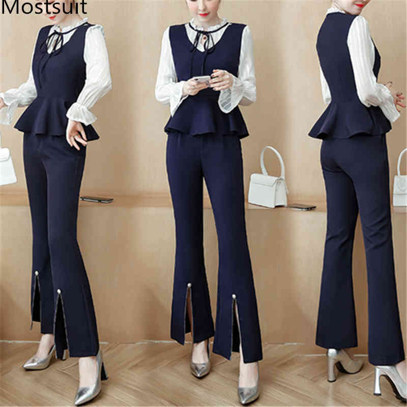 

Blue Office Two Piece Sets Outfits Women Plus Size Flare Sleeve Bow Tops And Splitting Pants Suits Elegant Fashion 210518, Dark blue